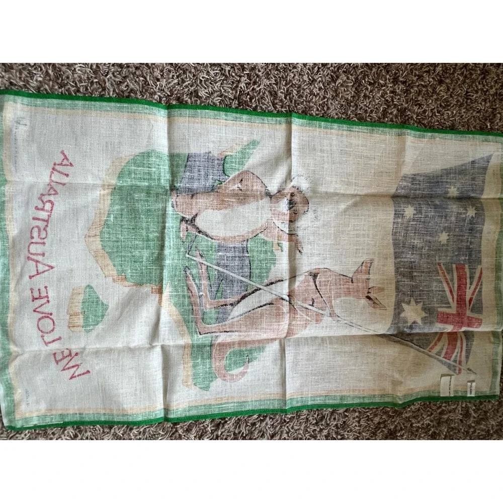 Vintage We Love Australia Pure Linen Tea Towel Kangaroo Koala Flag Souvenir Neil